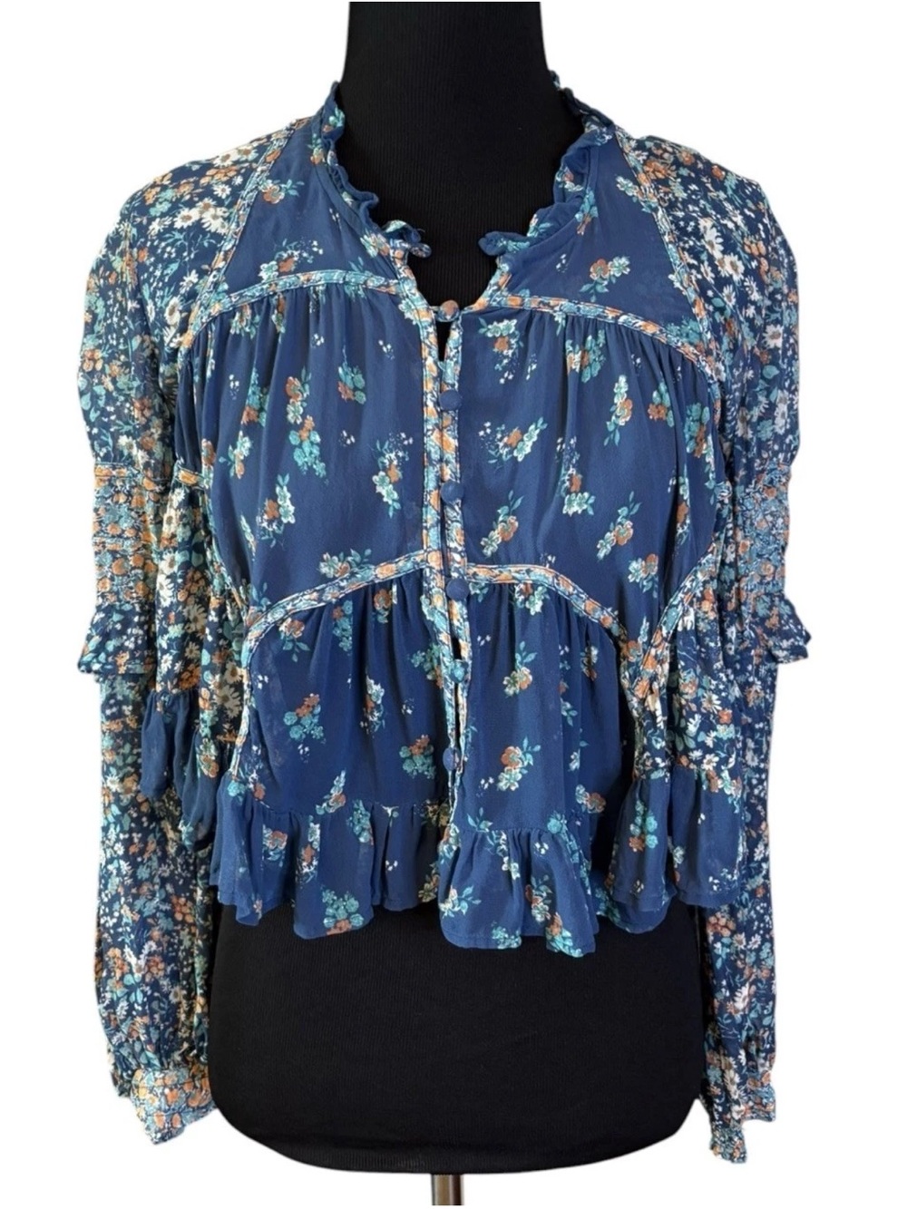 Anthropologie Sheer Babydoll Blouse Blue Floral XS Extra Small Boho Flutter Top - Picture 3 of 7